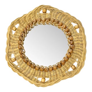 French Mid-Century Sunburst Rattan & Wood Bead Round Wall Mirror For Sale