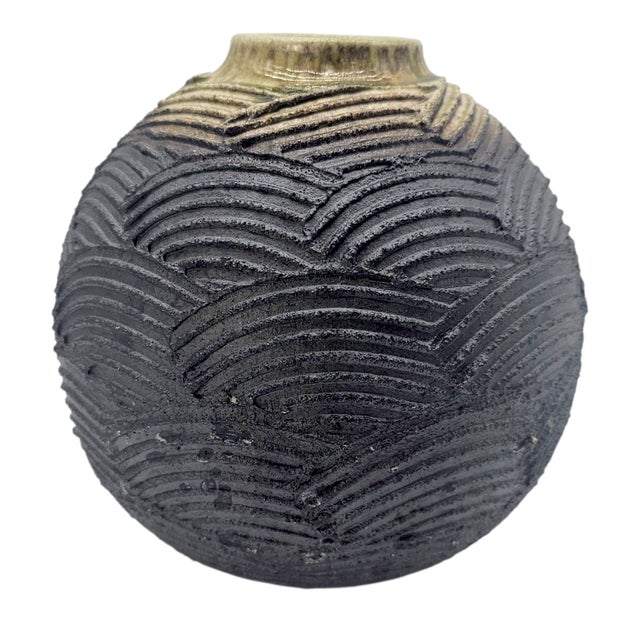 1990s Japanese Shigaraki Stoneware Textured Wave Vase With Original Box For Sale - Image 4 of 14