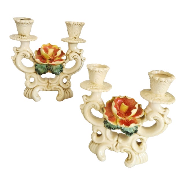 Pair of Vintage Ivory Ceramic Rose Double Candle Holders For Sale