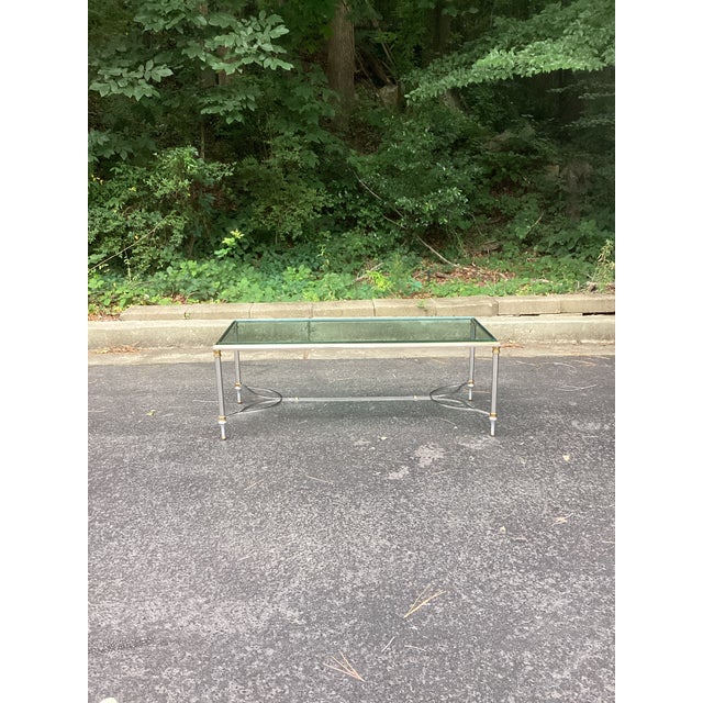 Vintage Maison Jansen Style Steel and Brass Glass Top Coffee Table For Sale - Image 9 of 9
