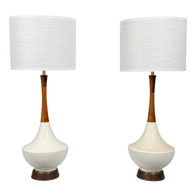 1950s American Modern, Large Table Lamps, Porcelain, Walnut, Brass For Sale
