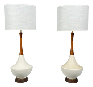 1950s American Modern, Large Table Lamps, Porcelain, Walnut, Brass