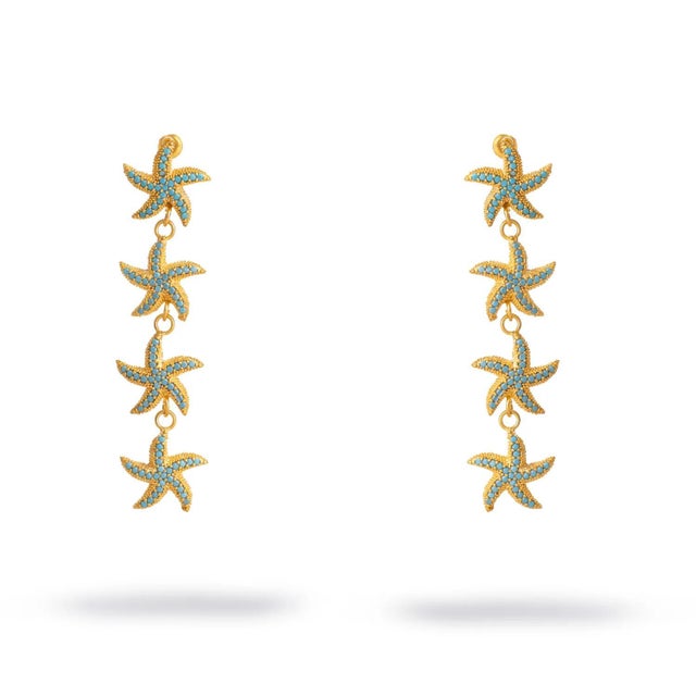 Turquoise Starfish Cascade Gold Dangle Earrings, A Pair For Sale - Image 9 of 9