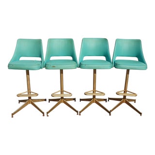 Vintage Set of Four Mid Century Modern Turquoise Green Swivel Bar Stools For Sale