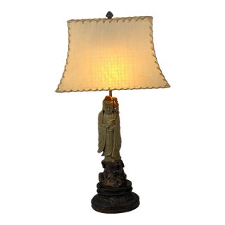 Early 20th Century Chinese Carved Soapstone Guanyin Table Lamp For Sale