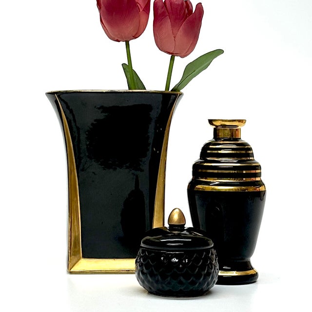 Mid-Century Modern Vintage Black & Graphic Gold Embellished Vessel Curation - Group of 3 For Sale - Image 3 of 11