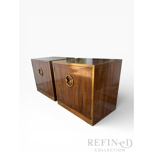 Mid-Century Modern Pair of Mastercraft Grand Rapids Brass-Banded Walnut Nightstands, Circa 1970s–1980s For Sale - Image 3 of 17