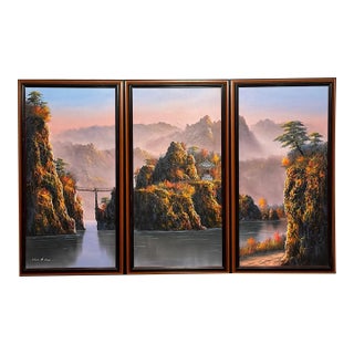 Vintage Oriental Landscape Triptych, Oil on Canvas Paintings by C H Ree - Mountains & Riverside Pagoda, Set of 3 For Sale