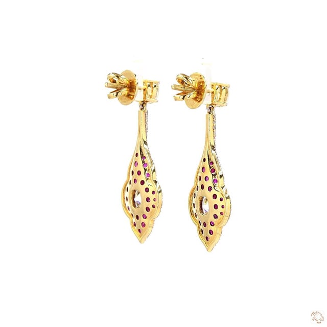 Metal 2.87 Carat Cushion Cut Diamond Ruby Gold Earrings, Pair For Sale - Image 7 of 9