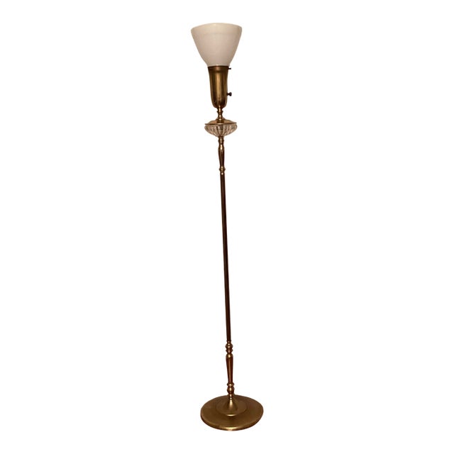Vintage Torchiere Brass Floor Lamp With Milk Glass Shade For Sale