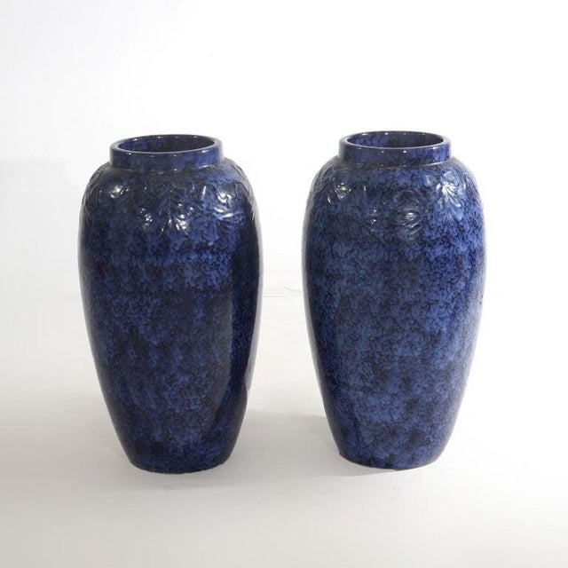 Pair Antique Roseville Art Pottery Floral Embossed Vases with Mottled Blue Glaze Overall - 21 3/4"h x 11 3/4"w x 11 3/4"d...