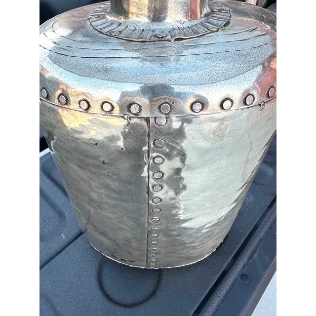 Contemporary Pottery Barn Siver Hammered Metal Rivet Table Lamps W/Shades-Pair For Sale - Image 3 of 11