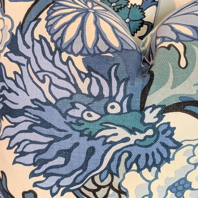 Schumacher Chiang Mai Dragon Pillows in China Blue With Aqua Pave Print Backs - Pair For Sale - Image 9 of 11