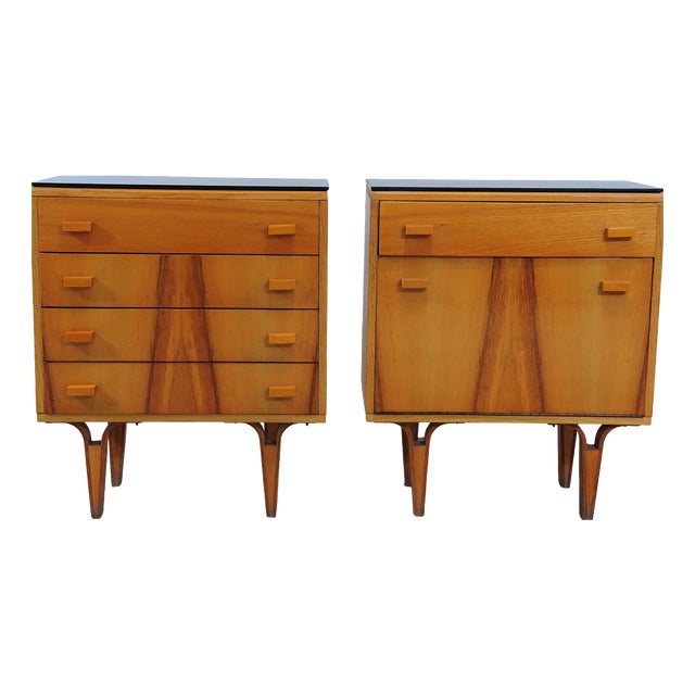 Mid-Century Nightstands in Ash Veneer & Black Glass by František Mezulánik for Nový Domov, Czechoslovakia, 1970s, Set of 2 For Sale