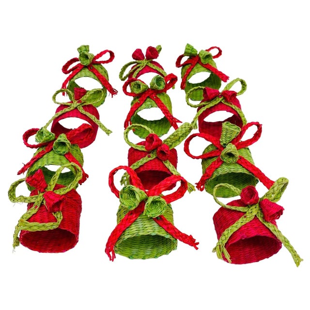Vintage Wicker Christmas Red & Green Napkin Rings Each With Bow & Bells Set of 12 For Sale - Image 4 of 9