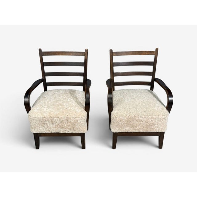 1940s German Modern, Lounge Chairs, Oak, Beige Shearling, Germany, 1940s For Sale - Image 5 of 13