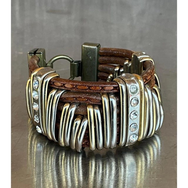 Vintage Leather & Silver Rhinestone Cuff Bracelet For Sale - Image 10 of 12