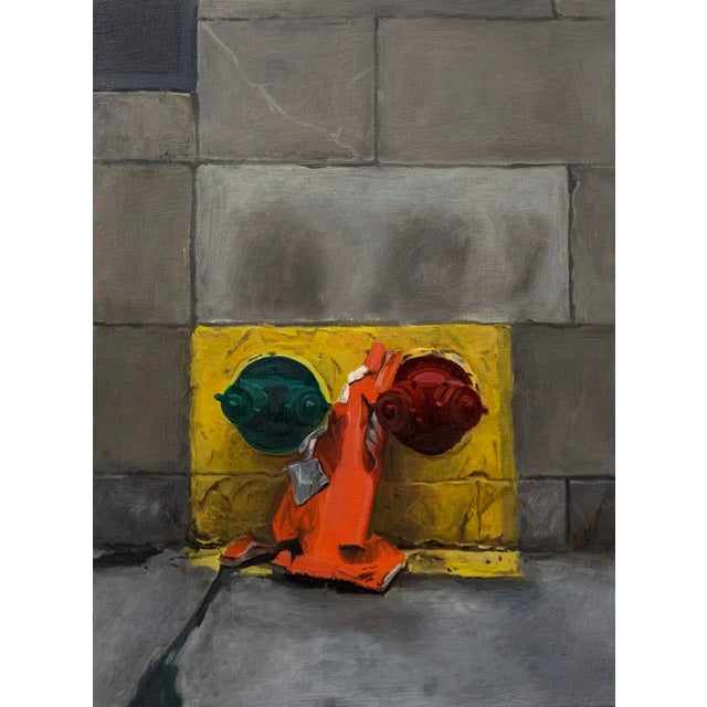 Courage by Jodi Gerbi | Oil on panel Fire hydrant with orange jacket on yellow base For Sale