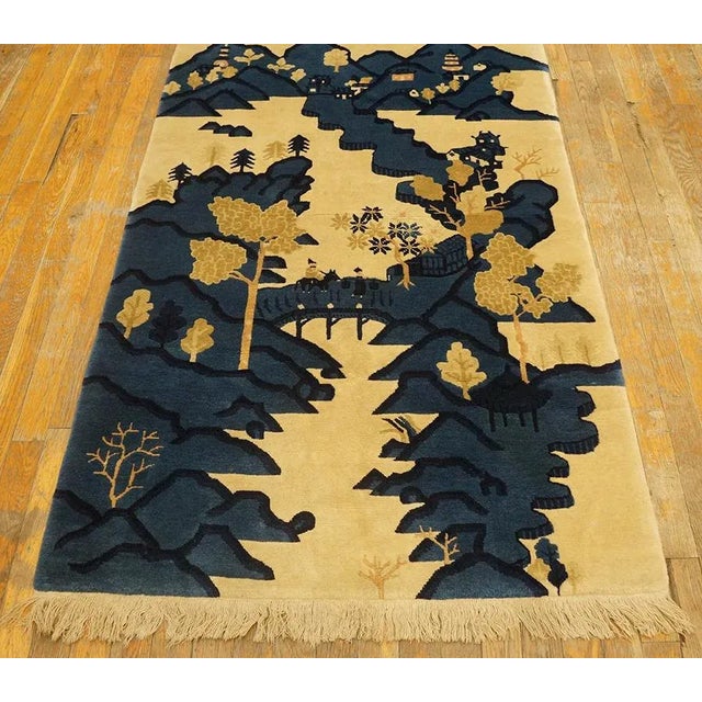 1930s Beige Blue Monumental Landscape Antique Chinese Bao Tou Rug 3'2" X5'0" Knotted Wool Carpet For Sale - Image 9 of 9