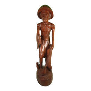 Mid 20th Century Carved Wooden Asian Fisherman Figurine Sculpture