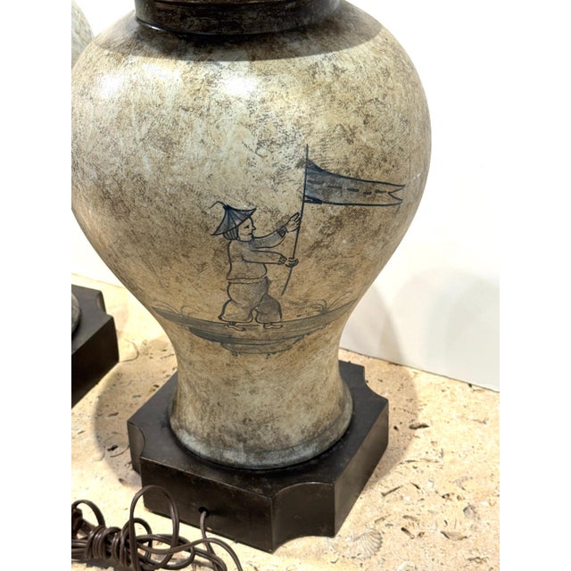 Pair of Deft-Style Chinoiserie Urn Lamps with Banner-Bearer Decoration For Sale - Image 10 of 18