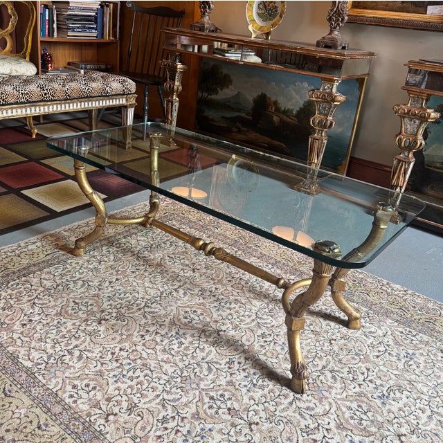 Vintage Maison Ramsay Style Gilt Base Glass Top Coffee Table With Paw Feet. Classic, clean lined look. excellent...