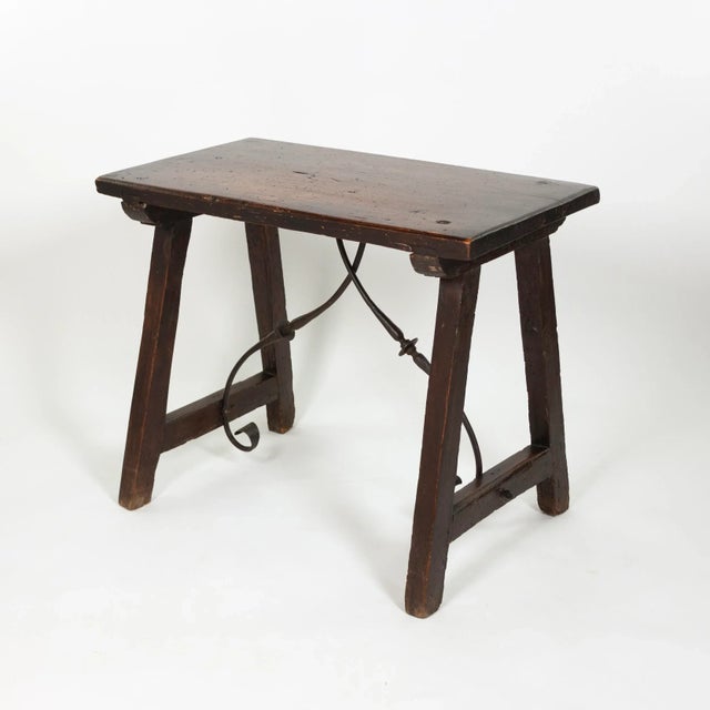 Mid 19th Century Small Scale Spanish Walnut Trestle Table With Iron Stretcher Circa 1850 For Sale - Image 5 of 7