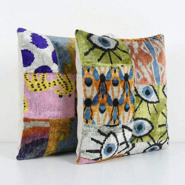 This beautiful 19'' x 20'' & 20'' x 20'' Silk Ikat Velvet pillow cover set was made from authentic Uzbek handwoven silk...
