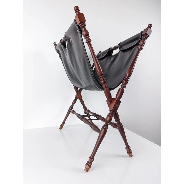 Black Leather And Turned Wood Folding Magazine Rack, 1930s For Sale - Image 6 of 8