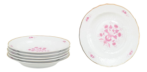 Mid-Century Porcelain Deep Plates with Pink Floral Motifs from Hollóháza, Set of 6