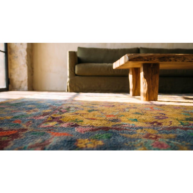1930s Yellow Floral Modern Antique Indian Cotton Agra Rug 6'3" X 9' Knotted Pile Carpet For Sale In New York - Image 6 of 8