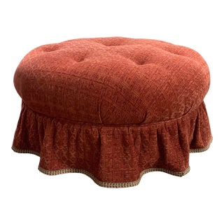 Vintage Round, Tufted, Skirted Ottoman on Wheels For Sale