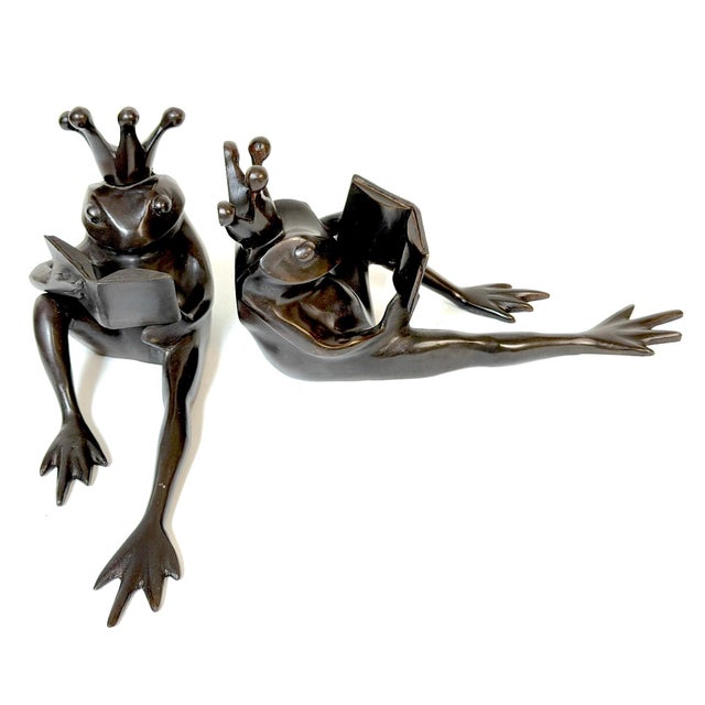 Metal Pair Patinated Bronze Reclining Frog Prince Reading Book Bookends, Late 20th C. For Sale - Image 7 of 12