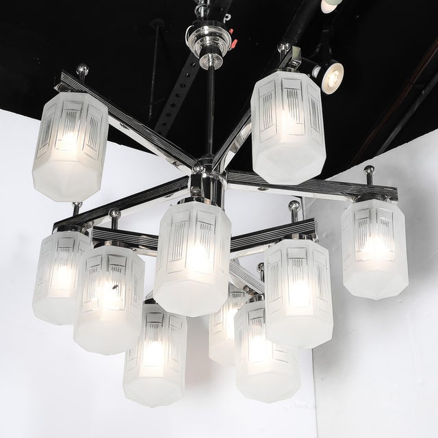 Art Deco Style 10 Arm Frosted & Etched Glass Chandelier W/ Polished Nickel Frame For Sale - Image 15 of 18