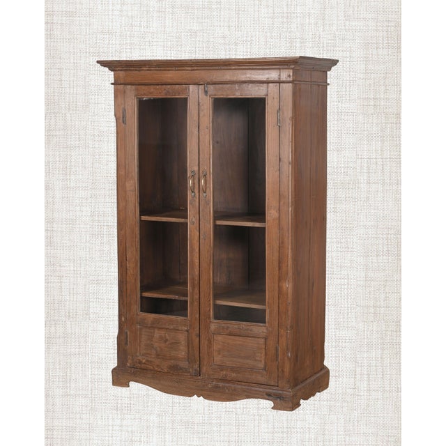 Mid-Century Modern Antique Wood Glass Cabinet | Vintage Indian Armoire | Carved Teak Wood Display Cabinet | Rustic Home Decor For Sale - Image 3 of 6