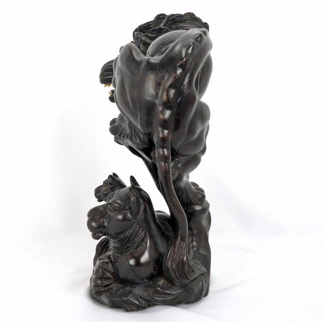 Japanese Vintage Japanese Large Carved Wood Sculpture Okimono Lion With Cubs – 20th C For Sale - Image 3 of 11