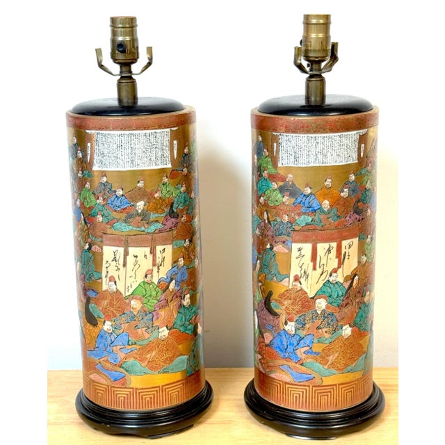 Late 19th Century Pair of Meiji Period Japanese Kutani Porcelain "100 Poems" Vases, Now as Lamps For Sale - Image 5 of 12