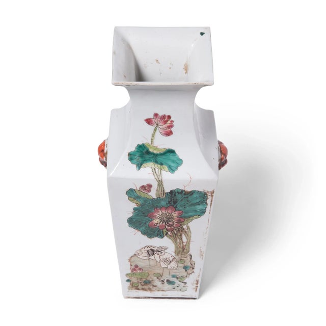 Ceramic Pair of Chinese Squared Fantail Vases With Egrets Beneath Lotus For Sale - Image 7 of 11