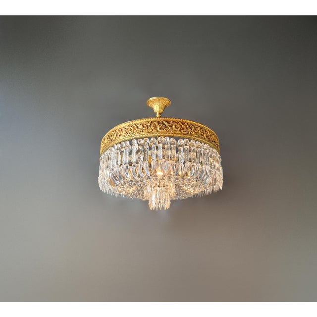 Brass Antique Oval Flush Mount Chandelier Brass Crystal Ceiling Light Restored Gold For Sale - Image 8 of 10