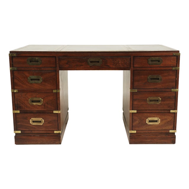 Vintage Sligh Campaign Pedestal Desk With Inlay Leather Top For Sale
