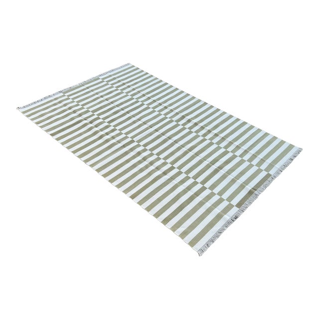 Not Yet Made - Made To Order Handmade Cotton Area Rug Vegetable Dyed Olive Green and White Up Down Striped Rug-8'x10' For Sale