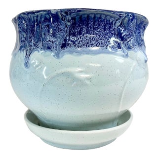 1970s Vintage Boho Chic Arts & Crafts Blue Glaze Planter With Attached Under Plate For Sale