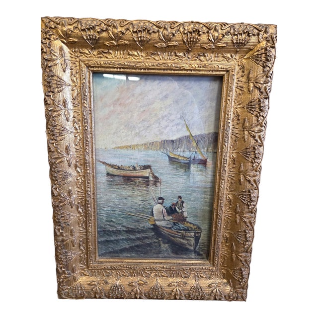 De Risi, Seascape with Fishermen ,Early 1900s, Oil on Canvas, Framed, in Very Good conditions. Designed 1920 to 1949