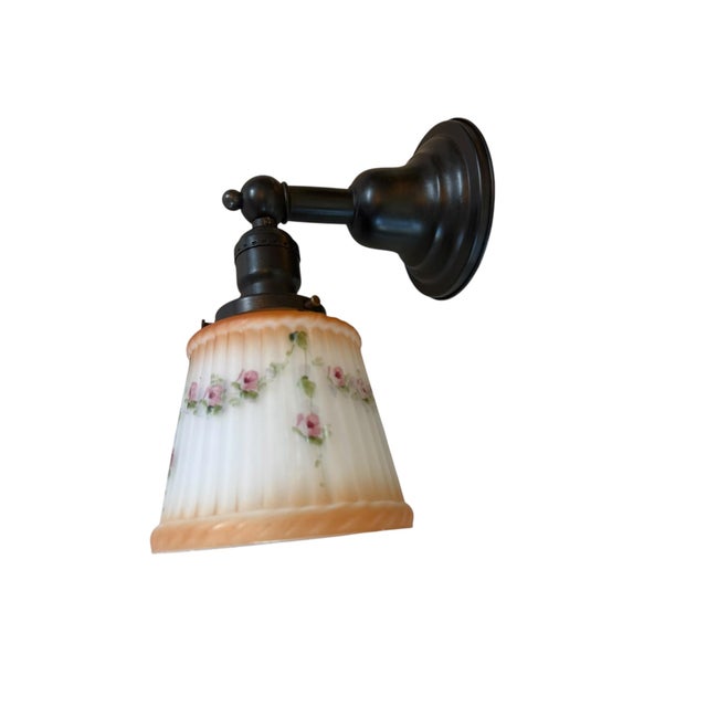 Metal Vintage Hand Painted Fluted Cast Glass Wall Sconce With Flowers and Vines For Sale - Image 7 of 7