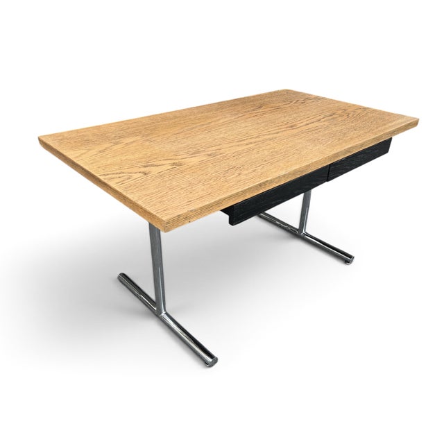 Vintage Mid-Century Modern Oak Writing Desk With Black Drawers & Chrome Base For Sale - Image 12 of 15