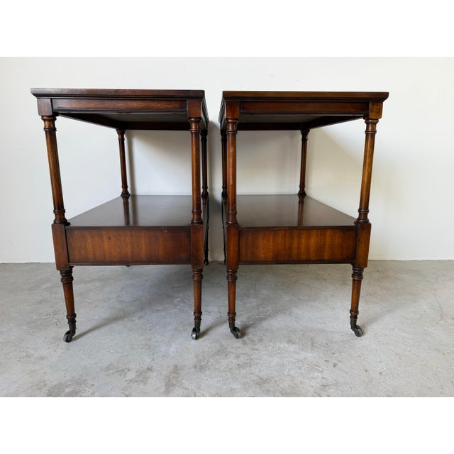 French Country 1960’s Vintage Weiman Heirloom Quality Mahogany & Tooled Leather Top Tiered End Tables on Casters – A Pair For Sale - Image 3 of 12