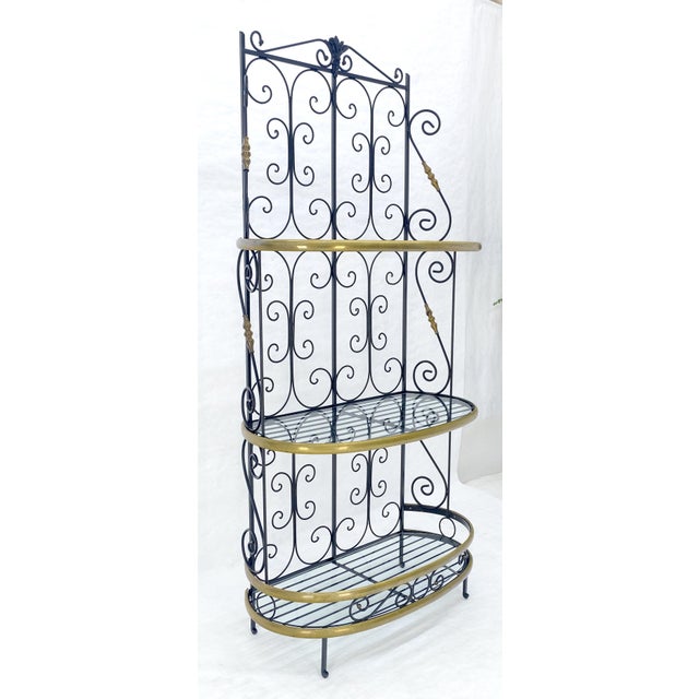 Maitland - Smith Wrought Iron & Brass 38” Wide Rounded Shelved Bakers Rack MINT For Sale - Image 4 of 14