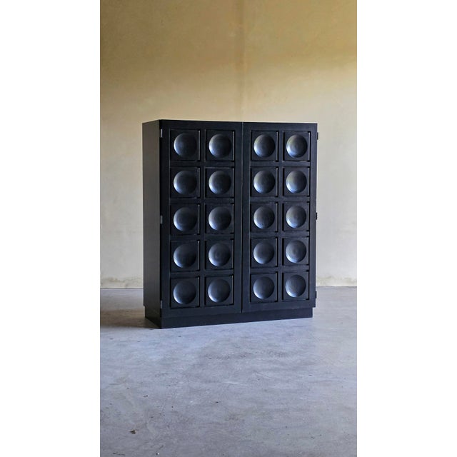 Brutalist Cabinet Opt Art Pattern Doors 1970s black ebonized Belgium geometrical door panelling bar. The graphic pattern...