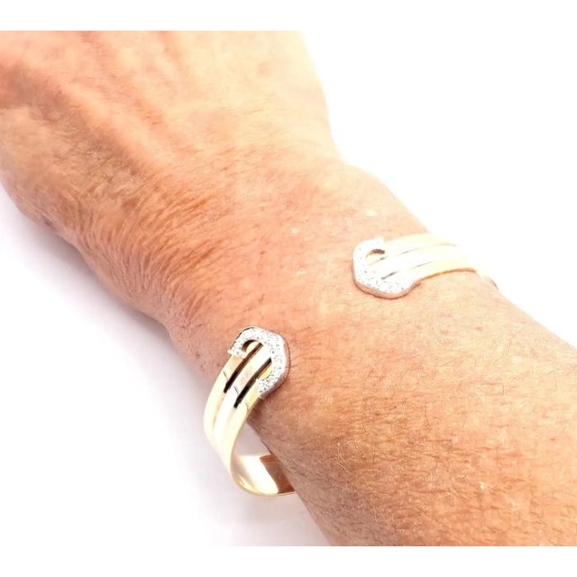 1980s Cartier Tri-Color Gold Diamond Double C Cuff Bangle Bracelet For Sale - Image 10 of 12