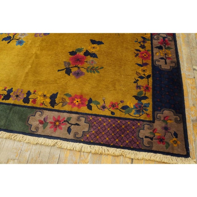 1920s Yellow Florid Antique Chinese Art Deco Carpet 7'2" X 9'10" Handknotted Rug For Sale - Image 4 of 9